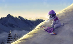 Size: 2000x1191 | Tagged: safe, artist:tsitra360, derpibooru import, double diamond, earth pony, pony, semi-anthro, clothes, goggles, helmet, male, mountain, scarf, scenery, sitting, smiling, snow, snowboard, solo, stallion