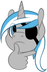 Size: 354x534 | Tagged: safe, artist:breioom, derpibooru import, oc, oc only, oc:sekr gray, pony, unicorn, emoji, eyepatch, male, meme, simple background, thinking, thinking emoji, transparent background, ych result