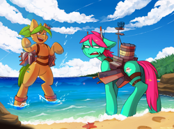 Size: 3875x2870 | Tagged: safe, artist:hakkids2, derpibooru import, oc, oc only, oc:minty split, oc:oasis, earth pony, pony, battleship, beach, bipedal, clothes, cloud, cosplay, costume, female, floppy ears, mare, open mouth, sand, sky, starfish, unshorn fetlocks, water