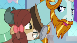 Size: 1280x720 | Tagged: safe, derpibooru import, screencap, rockhoof, yona, earth pony, pony, yak, a rockhoof and a hard place, beard, duo, facial hair, female, grin, male, moustache, smiling, stallion