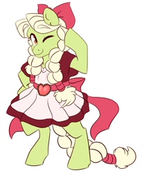 Size: 1800x2150 | Tagged: safe, artist:canisrettmajoris, derpibooru import, granny smith, pony, bipedal, bow, clothes, dress, female, hair bow, mare, one eye closed, simple background, smiling, solo, white background, wink, young granny smith, younger