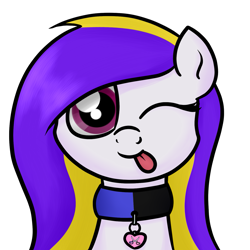Size: 1421x1421 | Tagged: safe, artist:moonatik, derpibooru import, oc, oc only, oc:daylily, pony, bust, collar, commission, female, looking at you, mare, one eye closed, simple background, solo, tongue out, transparent background, wink