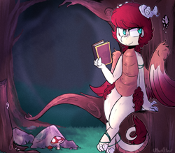Size: 1975x1727 | Tagged: safe, artist:urbanqhoul, derpibooru import, oc, oc only, oc:eri rebecula, bird, dragon, original species, book, claws, crossed legs, dracaven, feather, forest, green eyes, horn, large wings, leaning, mischievous, mushroom, red hair, solo, tail, tree, vine, wings