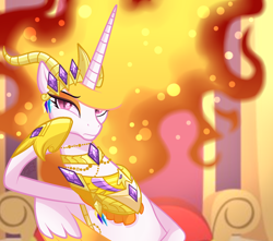 Size: 1700x1500 | Tagged: safe, artist:sugaryicecreammlp, derpibooru import, nightmare star, alicorn, pony, bored, crown, female, fire, jewelry, jewels, mane of fire, mare, regalia, solo, throne, throne room, throne slouch