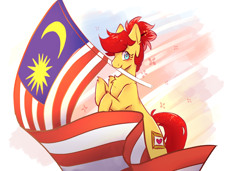 Size: 1280x875 | Tagged: safe, artist:myralilth, derpibooru import, oc, oc:rosa blossomheart, earth pony, pony, female, flag, looking at you, malaysia, mare, mouth hold, solo