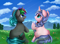 Size: 4094x2975 | Tagged: safe, artist:pridark, derpibooru import, oc, oc only, oc:diamond sharp, oc:silver thread, pony, unicorn, commission, ear piercing, female, mare, open mouth, piercing, sitting, sky, smiling