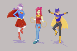 Size: 1500x1000 | Tagged: safe, artist:jongoji245, derpibooru import, apple bloom, scootaloo, sweetie belle, human, batgirl, crossover, cutie mark crusaders, female, humanized, super best friends forever, supergirl, trio, trio female, wonder girl