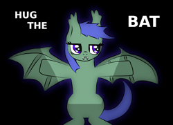 Size: 1024x741 | Tagged: safe, artist:platinumdrop, derpibooru import, oc, oc only, oc:aurora dew, bat pony, bronybait, darkness, hug request, solo, unamused