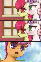 Size: 1257x1920 | Tagged: safe, artist:plotcore, derpibooru import, apple bloom, scootaloo, sweetie belle, earth pony, pegasus, pony, unicorn, /mlp/, comic, cutie mark crusaders, description is relevant, dialogue, drawthread, fate/kaleid liner prisma illya, female, filly, ponified, request, trio