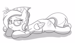 Size: 3318x1927 | Tagged: safe, artist:an-tonio, derpibooru import, oc, oc only, oc:rita cloudy, pegasus, pony, clothes, glasses, lying down, monochrome, shirt, solo