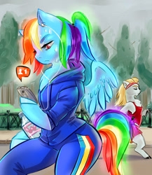 Size: 756x869 | Tagged: safe, artist:dokitane, derpibooru import, rainbow dash, oc, anthro, pegasus, cellphone, female, headphones, jogging, phone, scenery, water bottle