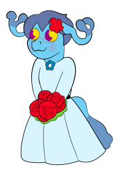 Size: 550x821 | Tagged: safe, anonymous artist, derpibooru import, oc, oc:onetc, pony, blushing, bride, clothes, dress, flower, glasses, smiling, solo, weddingdress