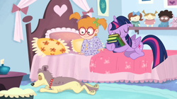 Size: 1022x574 | Tagged: safe, artist:marcuvan0, derpibooru import, screencap, twilight sparkle, twilight sparkle (alicorn), alicorn, bed, book, dot (pound puppies), floppy ears, lucky smarts, pound puppies, sleeping