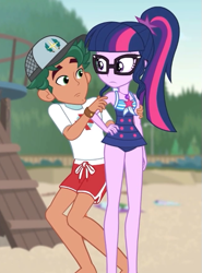 Size: 435x587 | Tagged: safe, derpibooru import, screencap, sci-twi, timber spruce, twilight sparkle, better together, equestria girls, unsolved selfie mysteries, clothes, cropped, duo, female, geode of telekinesis, legs, lifeguard, lifeguard timber, magical geodes, male, one-piece swimsuit, ponytail, shorts, swimsuit