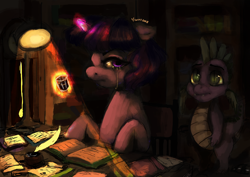 Size: 3270x2309 | Tagged: safe, artist:misstwipietwins, derpibooru import, spike, twilight sparkle, dragon, pony, fanfic:trial and damnation, alcohol, crying, fanfic, fanfic art, fanfic cover, glowing horn, library