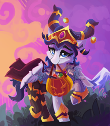 Size: 900x1034 | Tagged: safe, artist:saxopi, derpibooru import, oc, oc only, oc:graceful motion, pegasus, pony, alexstrasza, clothes, cosplay, costume, crown, female, halloween, holiday, jewelry, looking at you, mare, mountain, pumpkin bucket, regalia, smiling, warcraft