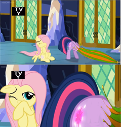 Size: 1586x1662 | Tagged: safe, derpibooru import, edit, edited screencap, screencap, fluttershy, twilight sparkle, twilight sparkle (alicorn), alicorn, pegasus, pony, the hooffields and mccolts, ass up, duo, glowing cutie mark, stuck, twilight's castle, umbrella