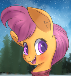 Size: 1345x1427 | Tagged: safe, artist:brok-enwings, derpibooru import, scootaloo, pegasus, pony, blushing, clothes, female, scarf, sky, snow, solo, stars, tree