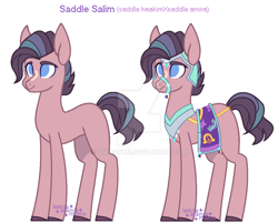 Size: 1024x823 | Tagged: safe, artist:onedayhm, derpibooru import, oc, oc only, oc:saddle salim, saddle arabian, blaze (coat marking), bridle, deviantart watermark, male, no pupils, obtrusive watermark, offspring, parent:amira, parent:haakim, parents:haakimira, simple background, solo, stallion, tack, watermark, white background