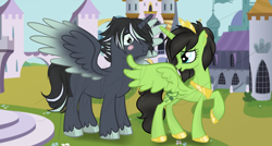 Size: 1024x549 | Tagged: safe, artist:flufflesauce, artist:mayrinmewmew, derpibooru import, oc, oc:polaris sky, oc:wilted ivy, alicorn, alicorns, black, blue eyes, charcoal drawing, couple, cute, embarrassed, female, flirty, gold armor, green, green eyes, group, male, raised hoof, royalty, spread wings, traditional art, wingboner, wings