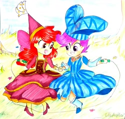 Size: 1428x1365 | Tagged: safe, artist:liaaqila, derpibooru import, apple bloom, scootaloo, equestria girls, for whom the sweetie belle toils, adorabloom, boots, clothes, commission, costume, cute, cutealoo, dress, female, hat, hennin, high heels, holding hands, jewelry, jump rope, necklace, rope, shoes, skipping, traditional art