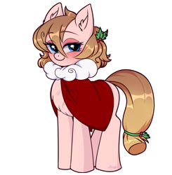 Size: 840x856 | Tagged: safe, artist:kei kun, derpibooru import, oc, oc only, oc:sweetiemilk, earth pony, pony, blushing, chest fluff, christmas, clothes, costume, cute, female, holiday, holly, leaf, looking at you, mare, santa costume, signature, simple background, smiling, smiling at you, transparent background, white outline, wingding eyes