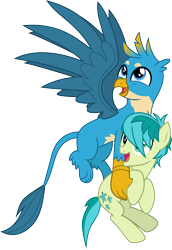 Size: 3000x4348 | Tagged: safe, artist:cloudyglow, derpibooru import, gallus, sandbar, earth pony, griffon, pony, school daze, carrying, cute, flying, gallabetes, male, paws, smiling, spread wings, vector, wings