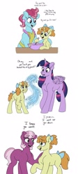 Size: 1416x3150 | Tagged: safe, artist:pastel-charms, derpibooru import, cheerilee, cup cake, pumpkin cake, twilight sparkle, twilight sparkle (alicorn), alicorn, pony, batter, bowl, female, filly, food, magic, mare, older, story included