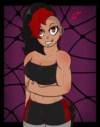 Size: 790x1000 | Tagged: safe, artist:lazerblues, derpibooru import, oc, oc only, oc:bella, satyr, bandeau, clothes, ear piercing, flex, midriff, offspring, parent:oc:miss eri, piercing, sports bra, sports shorts, undercut