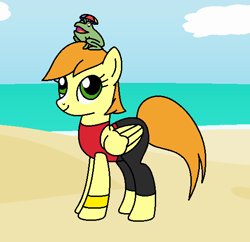 Size: 554x537 | Tagged: safe, artist:author92, derpibooru exclusive, derpibooru import, oc, oc:joule, frog, pegasus, pony, alternate costumes, beach, beach wear, clothes, hat, ocean, pet, sand, swimsuit, tanktop, umbrella hat, wetsuit