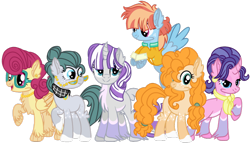 Size: 1024x586 | Tagged: safe, artist:bezziie, derpibooru import, cloudy quartz, cookie crumbles, pear butter, posey shy, twilight velvet, windy whistles, pony, alternate design, alternate hairstyle, clothes, curved horn, horn, mom six, simple background, transparent background