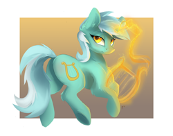 Size: 1300x1020 | Tagged: safe, artist:tangomangoes, derpibooru import, lyra heartstrings, pony, unicorn, blushing, chest fluff, ear fluff, female, looking at you, looking back, looking back at you, lyre, magic, mare