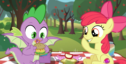Size: 1241x632 | Tagged: safe, alternate version, artist:brony-art, derpibooru import, apple bloom, spike, dragon, apple tree, burger, cute, female, food, giggling, hay burger, male, orchard, picnic, picnic blanket, pie, shipping, show accurate, spikebloom, straight, sweet apple acres, tea, tree, winged spike