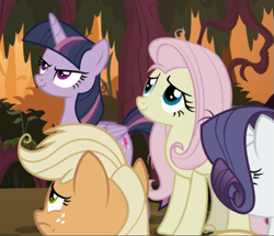 Size: 619x532 | Tagged: safe, derpibooru import, screencap, mean applejack, mean fluttershy, mean rarity, mean twilight sparkle, pony, the mean 6, clone, cropped, evil grin, female, grin, smiling