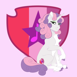 Size: 1800x1800 | Tagged: safe, artist:shimazun, derpibooru import, sweetie belle, pony, unicorn, chest fluff, cloven hooves, colored hooves, cutie mark, cutie mark background, female, lidded eyes, mare, older, older sweetie belle, pale belly, purple background, simple background, sitting, smiling, solo, sweetie belle's cutie mark, the cmc's cutie marks, unshorn fetlocks