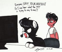 Size: 1024x862 | Tagged: safe, artist:newyorkx3, derpibooru import, oc, oc only, oc:tommy, oc:tommy junior, earth pony, human, pony, colt, computer, dialogue, flight simulator, headset, male, traditional art, video game