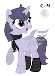 Size: 1113x1537 | Tagged: safe, artist:macadoptables, artist:meimisuki, derpibooru import, oc, oc only, oc:nightfall blitz, alicorn, pony, alicorn oc, artificial wings, augmented, base used, clothes, ear piercing, earring, eyeshadow, female, icey-verse, jewelry, magic, magic wings, magical lesbian spawn, makeup, mare, mascara, next generation, offspring, parent:mean twilight sparkle, parent:oc:moonshine twinkle, parents:canon x oc, parents:meanshine, piercing, scarf, simple background, socks, solo, striped socks, tape, white background, wings