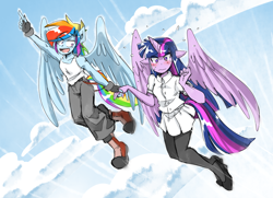 Size: 1800x1300 | Tagged: safe, artist:thegreatrouge, derpibooru import, rainbow dash, twilight sparkle, twilight sparkle (alicorn), alicorn, anthro, blushing, boots, clothes, cloud, cute, duo, female, flying, high heels, looking down, miniskirt, nervous, open mouth, pantyhose, pleated skirt, pointing, shoes, skirt, sky