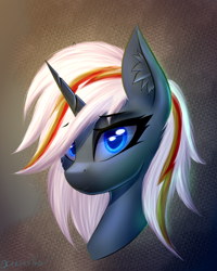 Size: 800x1000 | Tagged: safe, artist:xeniusfms, derpibooru import, oc, oc:velvet remedy, pony, unicorn, fallout equestria, abstract background, blue eyes, bust, fanfic art, female, looking at you, mare, smiling, solo, wrong eye color