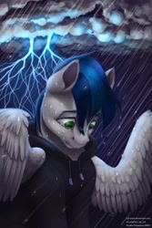 Size: 1440x2160 | Tagged: safe, artist:rrd-artist, derpibooru import, oc, oc only, pegasus, pony, blue mane, clothes, crying, green eyes, hoodie, lightning, looking down, male, rain, sad, stallion, storm, teary eyes