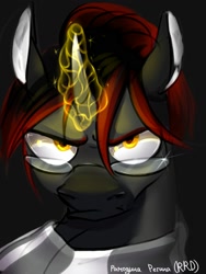 Size: 1500x2000 | Tagged: safe, artist:rrd-artist, derpibooru import, oc, oc only, pony, unicorn, angry, bust, clothes, dark background, frown, glasses, glowing horn, golden eyes, shrunken pupils, simple background