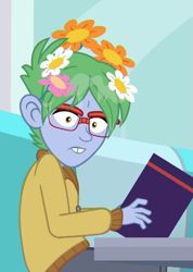 Size: 459x645 | Tagged: safe, derpibooru import, screencap, celery stalk, coinky-dink world, eqg summertime shorts, equestria girls, background human, clothes, cropped, flower, flower in hair, glasses, male, solo