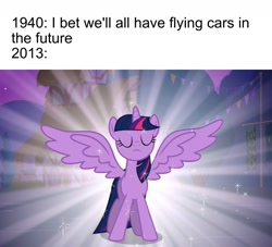 Size: 1280x1161 | Tagged: safe, derpibooru import, edit, edited screencap, screencap, twilight sparkle, twilight sparkle (alicorn), alicorn, magical mystery cure, eyes closed, image macro, meme, solo, spread wings, text, wings