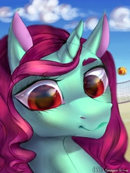 Size: 1500x2000 | Tagged: safe, artist:rrd-artist, derpibooru import, oc, oc only, pony, unicorn, beach, beach ball, close-up, cloud, female, mare, red eyes, sand, sky, volleyball net