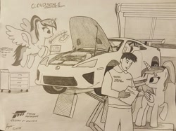 Size: 1754x1313 | Tagged: safe, artist:forzaveteranenigma, derpibooru import, oc, oc:assetto-forza massimo, oc:aurelia charm, oc:shouka, pony, fanfic:equestria motorsports, autoshop, blank flank, cloudsdale international raceway, forza motorsport, garage, lexus, lexus lf-a, missing cutie mark, technician, traditional art, vehicle hoist