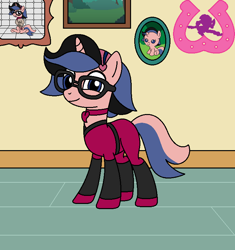 Size: 728x776 | Tagged: safe, artist:author92, derpibooru import, oc, oc:indigo shadow, pony, unicorn, alternate costumes, alternate outfits, brightly colored ninjas, glasses, kunoichi, ninja, picture frame