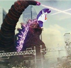 Size: 638x608 | Tagged: safe, derpibooru import, edit, kaiju, friendship university, atomic breath, city, godzilla, godzilla (series), image macro, japan, meme, shin godzilla, shouting rarity, wat, weaponized tail