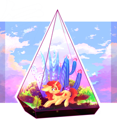 Size: 1857x1993 | Tagged: safe, artist:marsi_mason, derpibooru import, oc, oc only, oc:cinderheart, butterfly, pony, unicorn, cactus, cloud, female, glass, mare, solo, terrarium, ych result