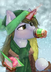 Size: 1888x2666 | Tagged: safe, artist:rrd-artist, derpibooru import, oc, oc only, pony, unicorn, clothes, coat, coffee, coffee cup, cold, cup, donut, drinking, food, glowing horn, hat, magic, scarf, snow, solo, telekinesis, winter, ych result