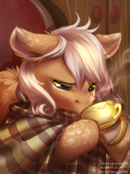 Size: 1500x2000 | Tagged: safe, artist:rrd-artist, derpibooru import, oc, oc only, pegasus, pony, blanket, cozy, drinking, floppy ears, freckles, frog (hoof), hoof hold, horseshoes, mug, not applejack, solo, steam, underhoof